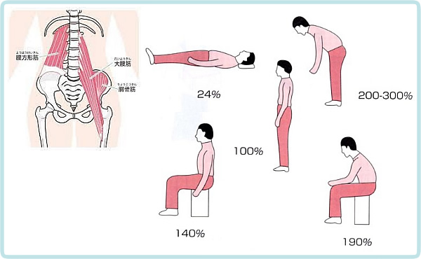 直立姿勢の負担を100％とした時の各姿勢の腰部負担